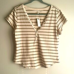 Brown and cream stripe PILCRO (Anthropologie) v-neck short sleeve shirt